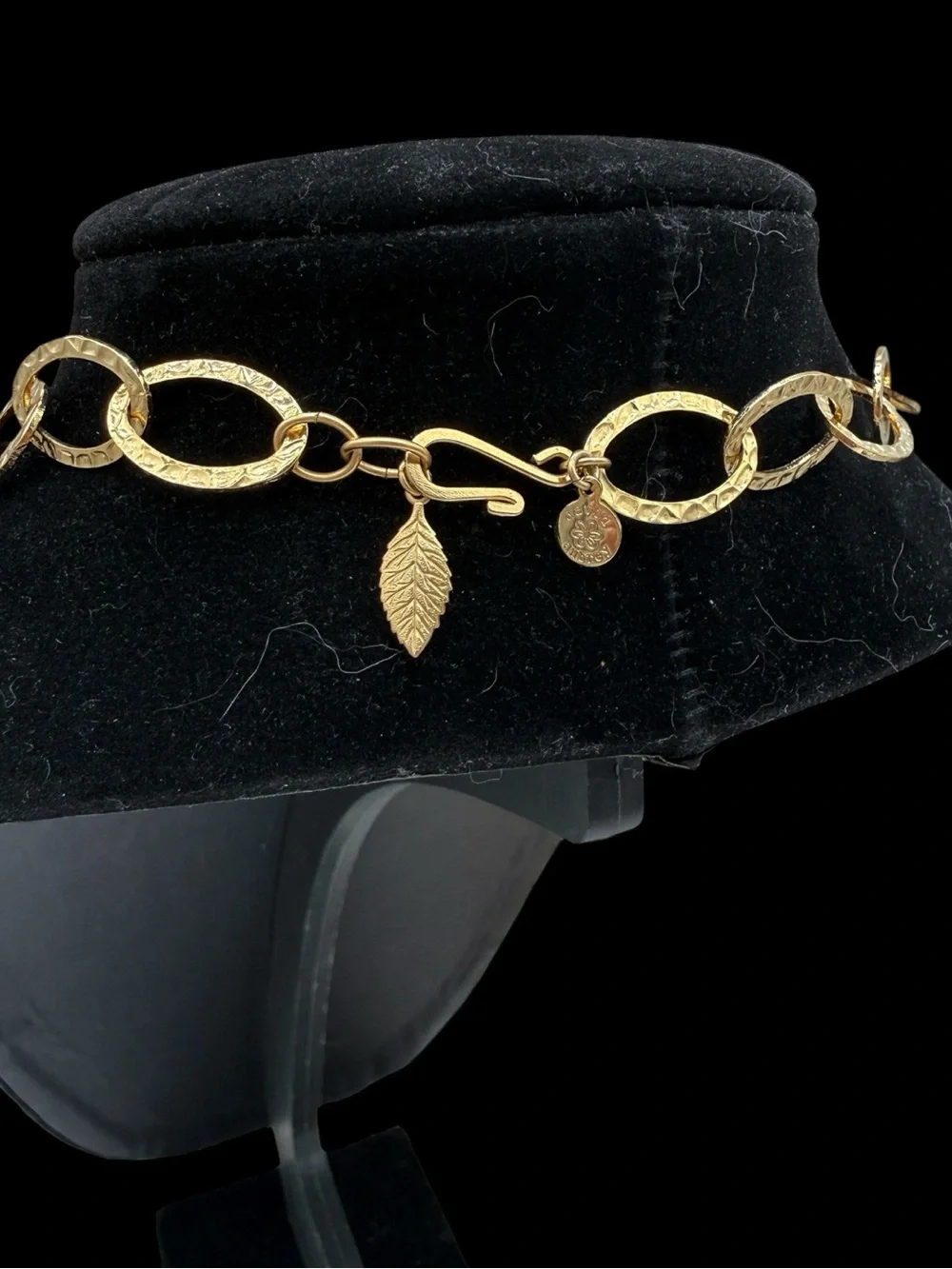 David Aubrey Vintage 18K Gold Plated HammeredChain Necklace w/ Real Stone
